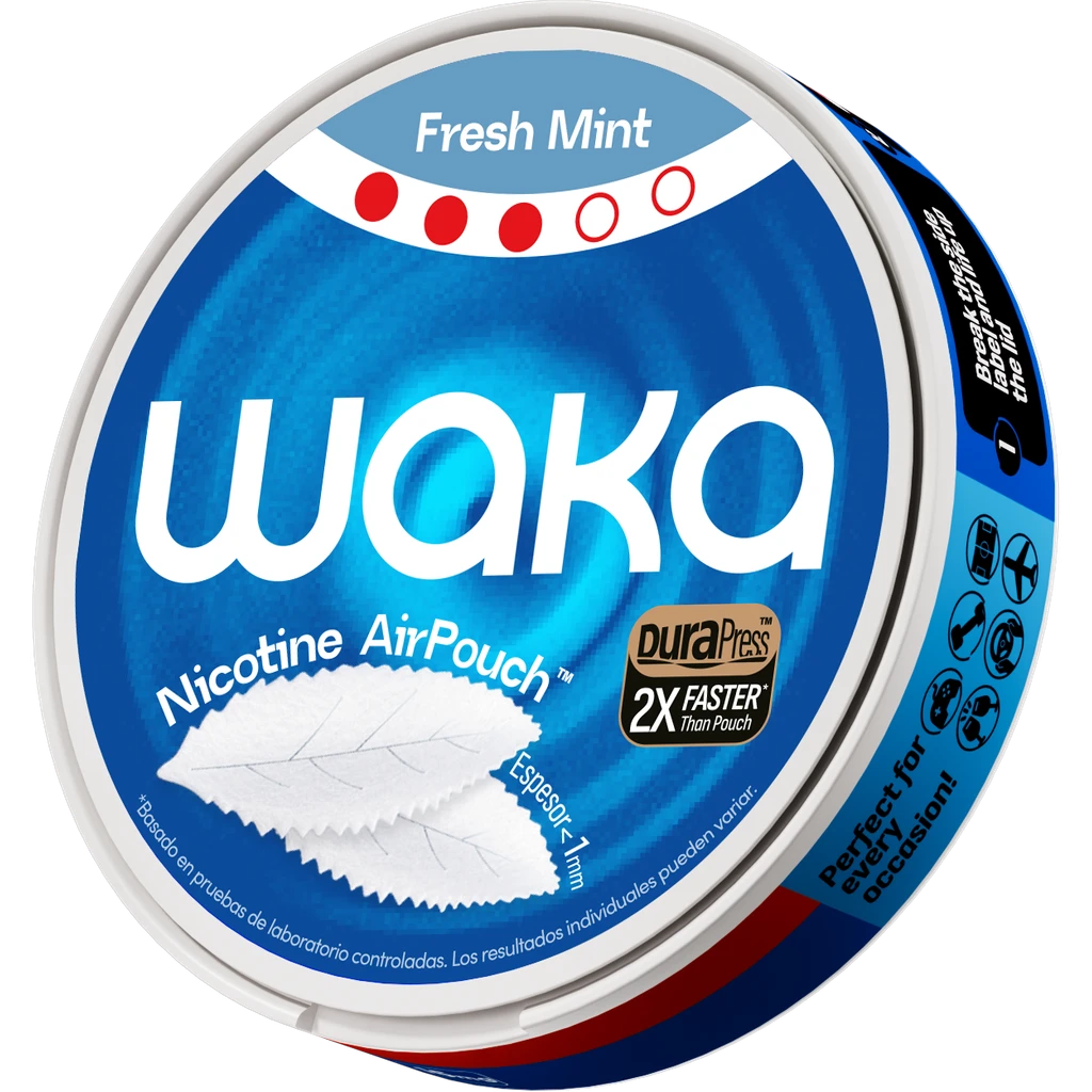 Lata redonda Waka Nicotine AirPouch Fresh Mint en perspectiva, con etiqueta azul, letras blancas y dibujos de bolsas en forma de hoja.