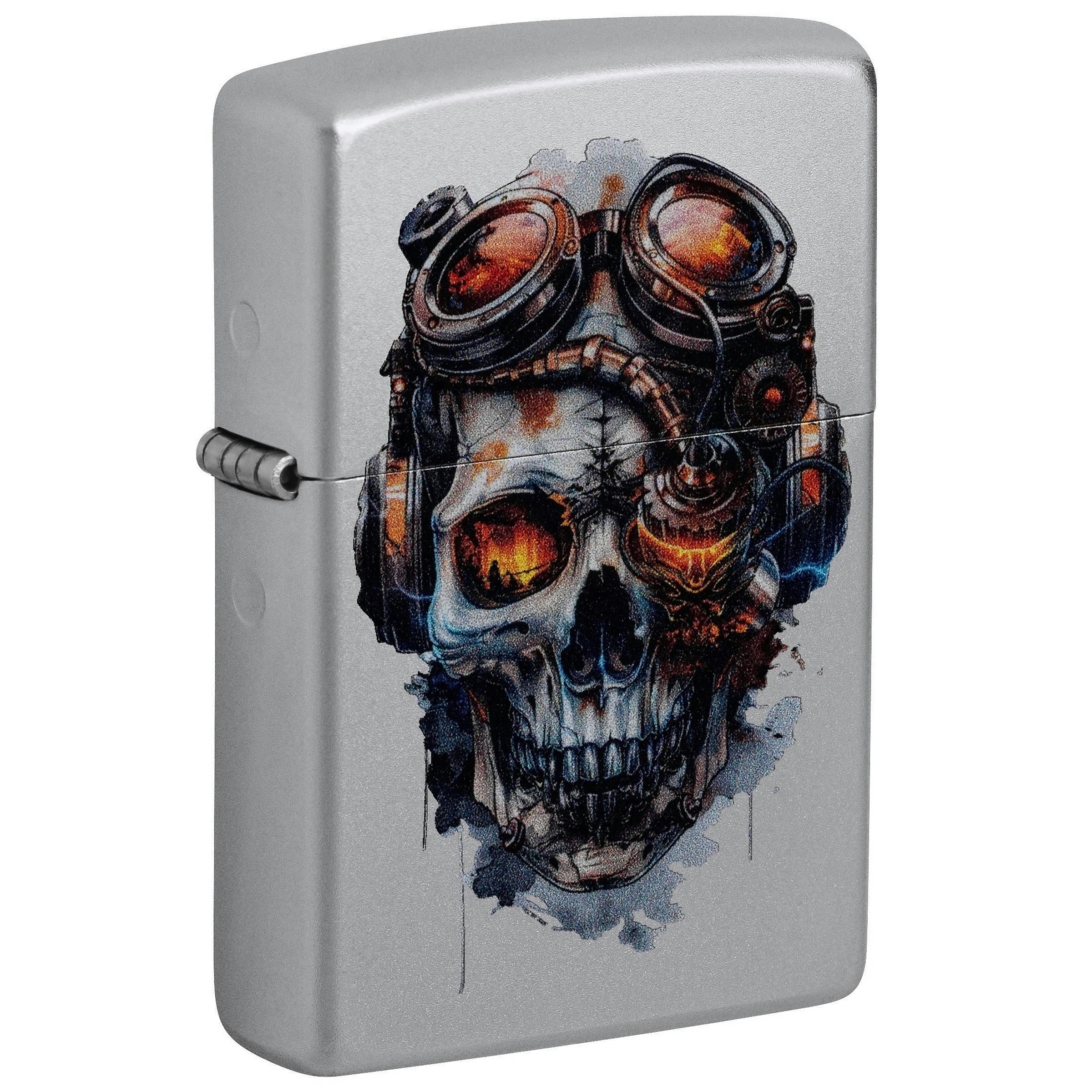 Mechero Zippo 205 gris, cerrado y en perspectiva, decorado con una calavera steampunk con gafas y detalles mecánicos en tonos anaranjados.