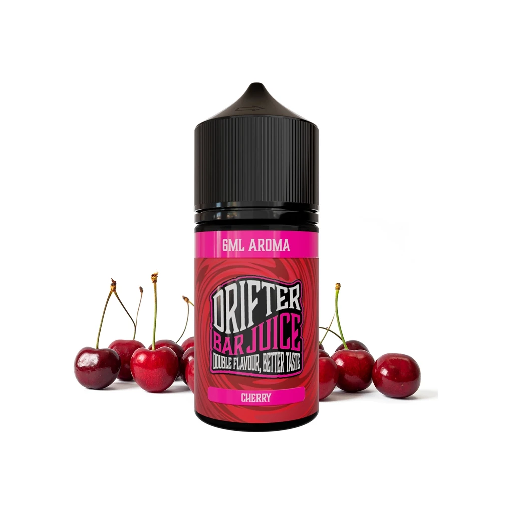 Frasco Drifter Bar Juice Cherry con tapón negro y etiqueta roja y fucsia que indica 6 ml de aroma, acompañado de cerezas.
