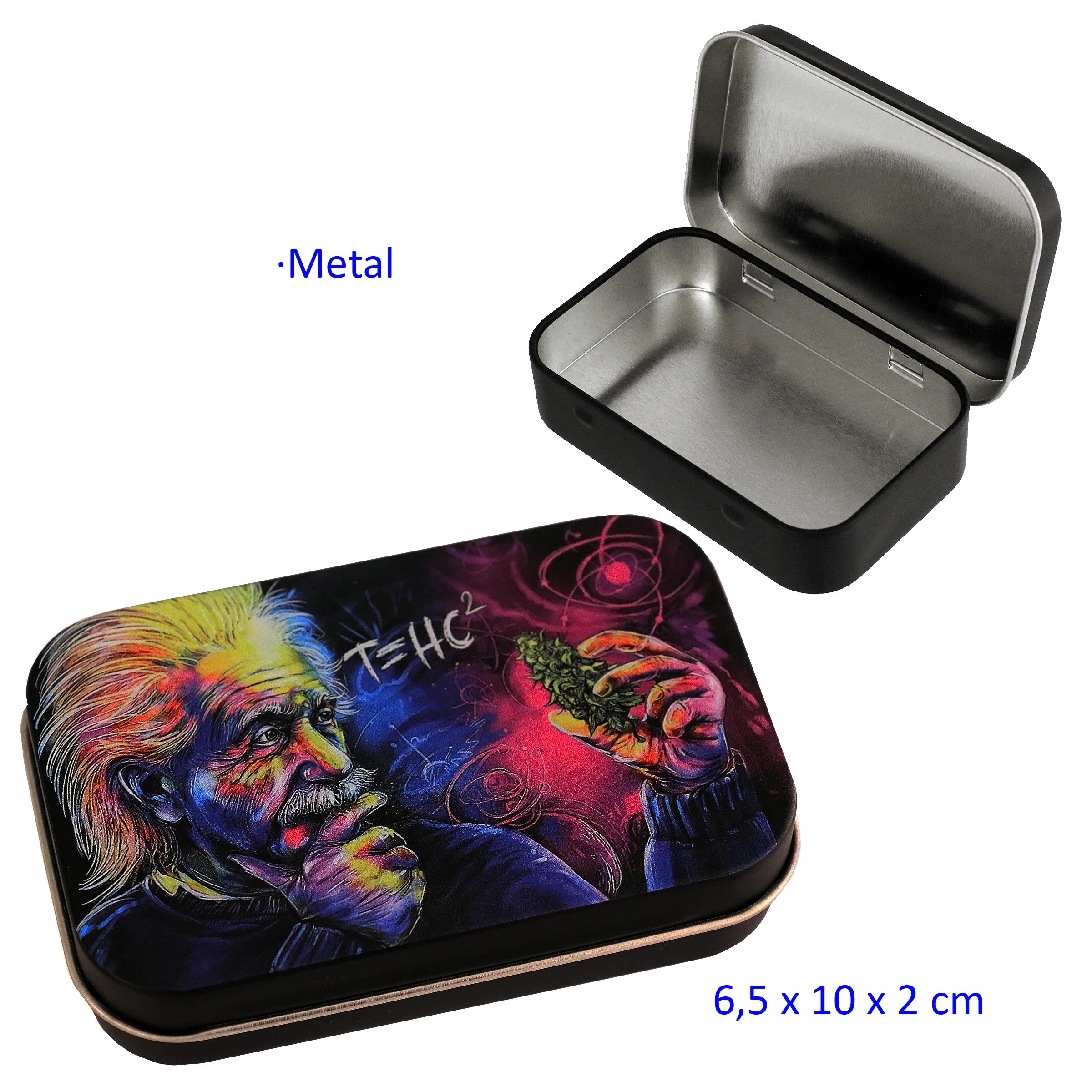 Caja metálica rectangular mostrada abierta y cerrada, con una ilustración multicolor de Einstein sosteniendo un cogollo en la tapa.