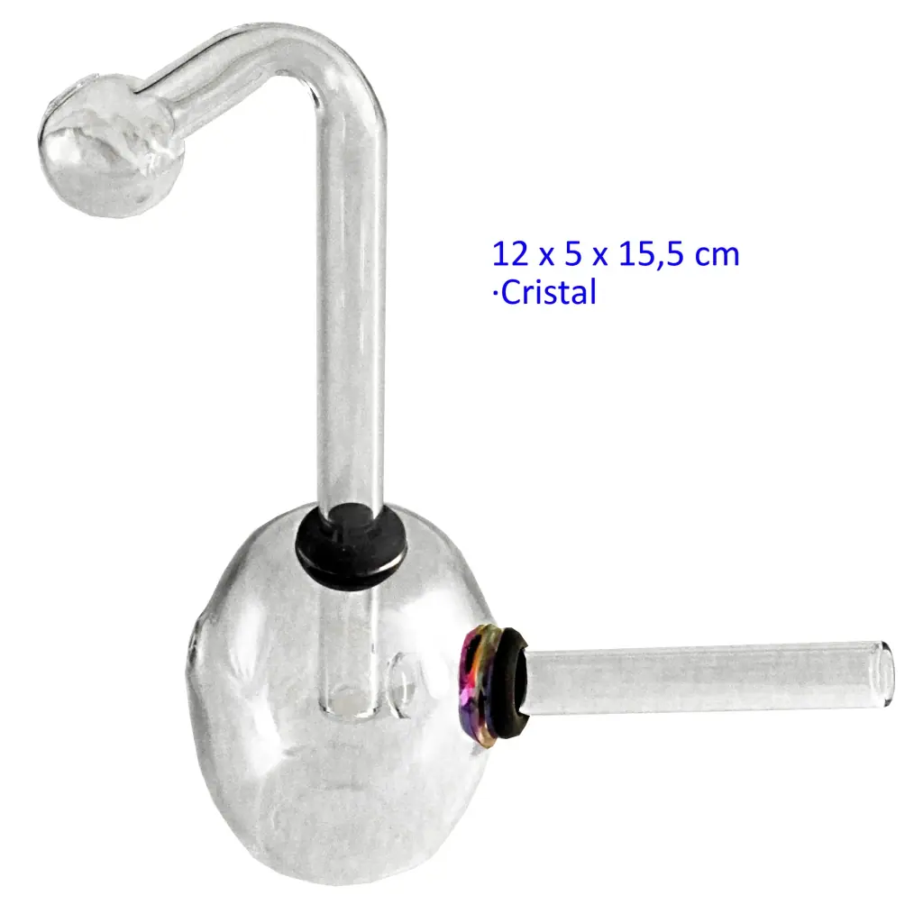 Pipa de cristal transparente con depósito redondeado, tubo lateral recto y tubo vertical curvado con extremo esférico, sobre fondo blanco.