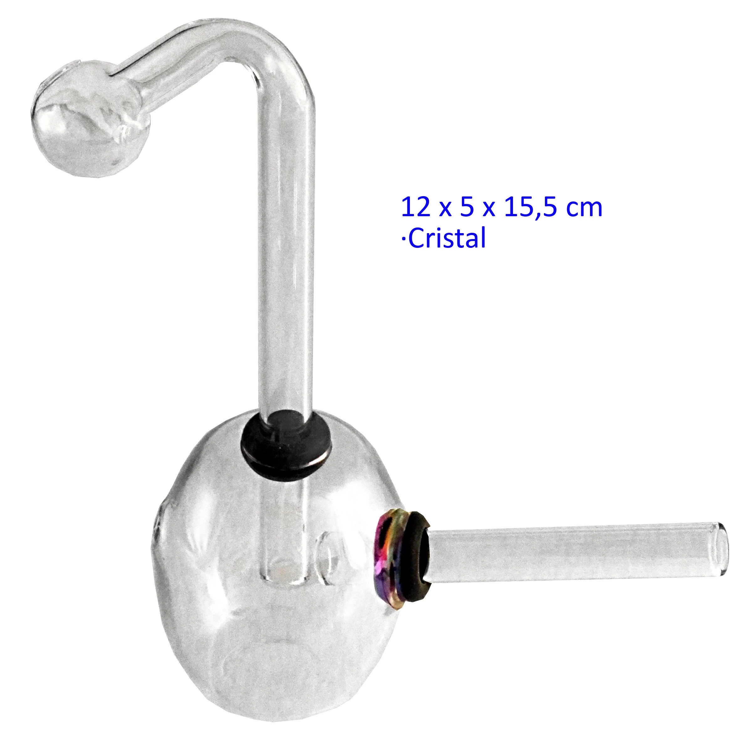Pipa de cristal transparente con depósito redondeado, tubo lateral recto y tubo vertical curvado con extremo esférico, sobre fondo blanco.