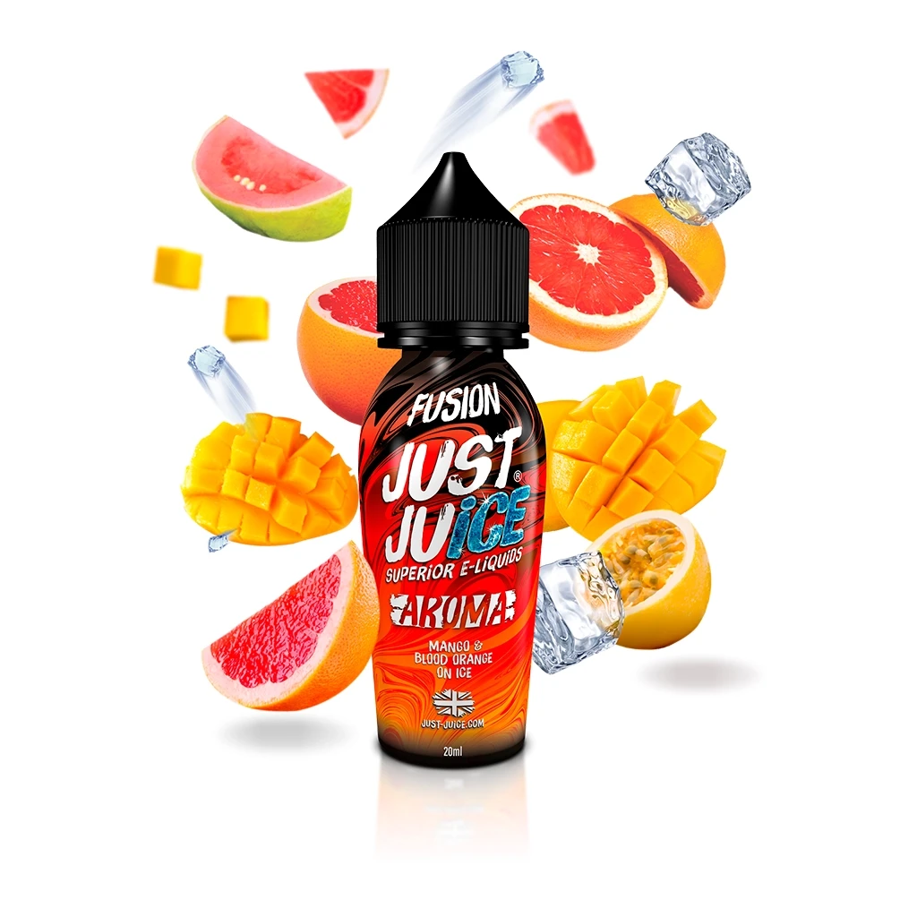 Frasco Just Juice Fusion Mango and Blood Orange Ice con tapón negro, rodeado de frutas cortadas y cubitos de hielo sobre fondo blanco.
