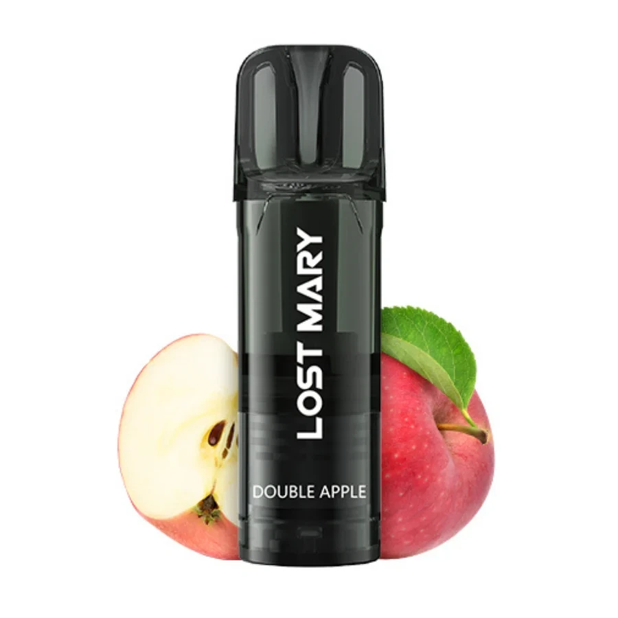 Cartucho negro Lost Mary con los textos «LOST MARY» y «DOUBLE APPLE», delante de una manzana roja y una mitad cortada sobre fondo blanco.