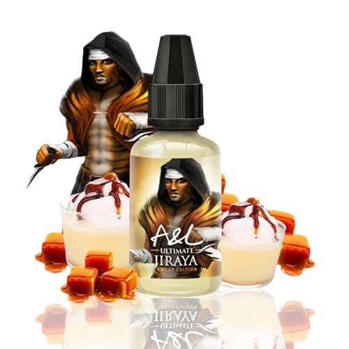 Frasco de aroma A&L Ultimate Jiraya con tapón negro, acompañado de un personaje encapuchado, postres cremosos y dados de caramelo.