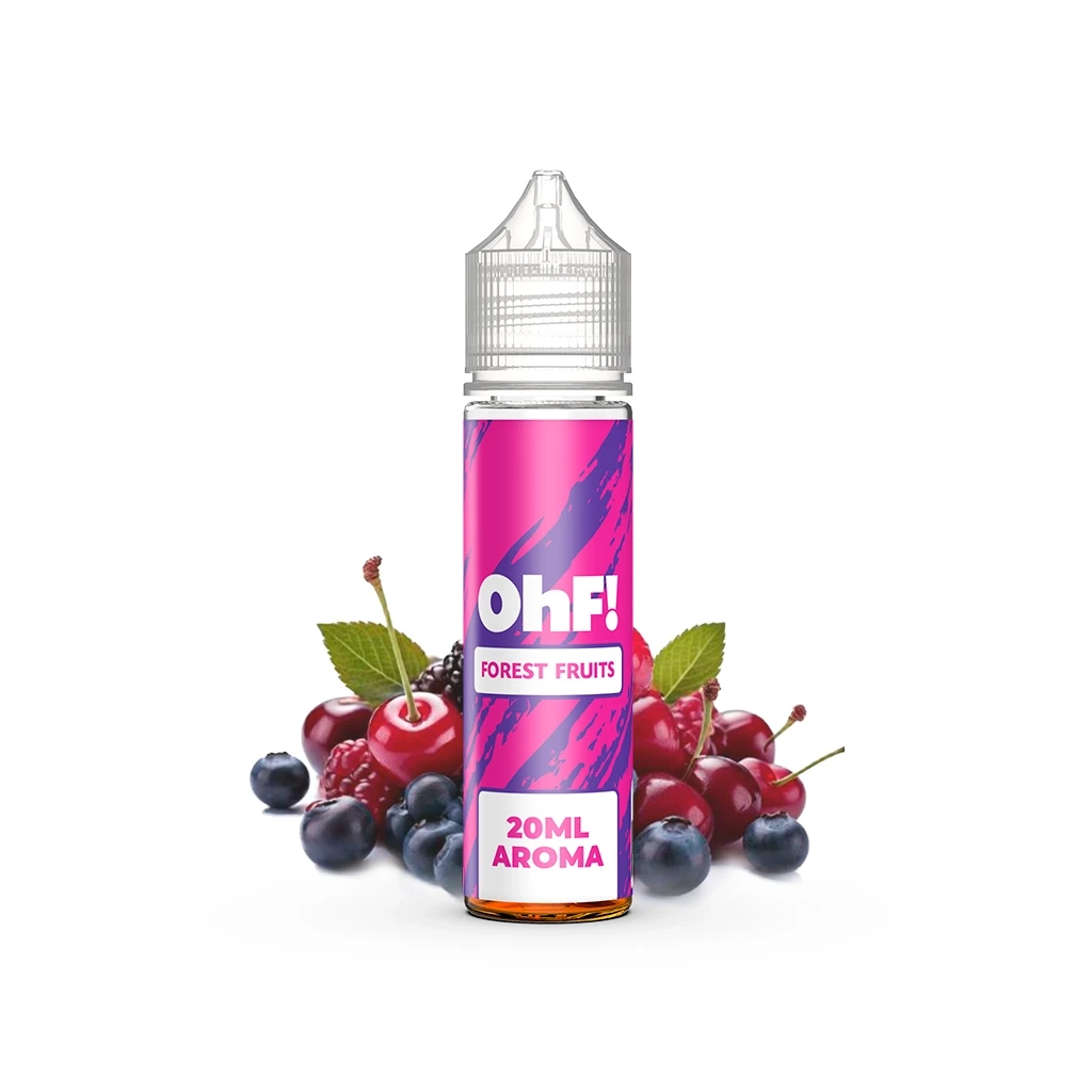 Frasco OhF Forest Fruits con etiqueta rosa y morada, texto «20 ml aroma» y tapón transparente, rodeado de frutos rojos y oscuros.