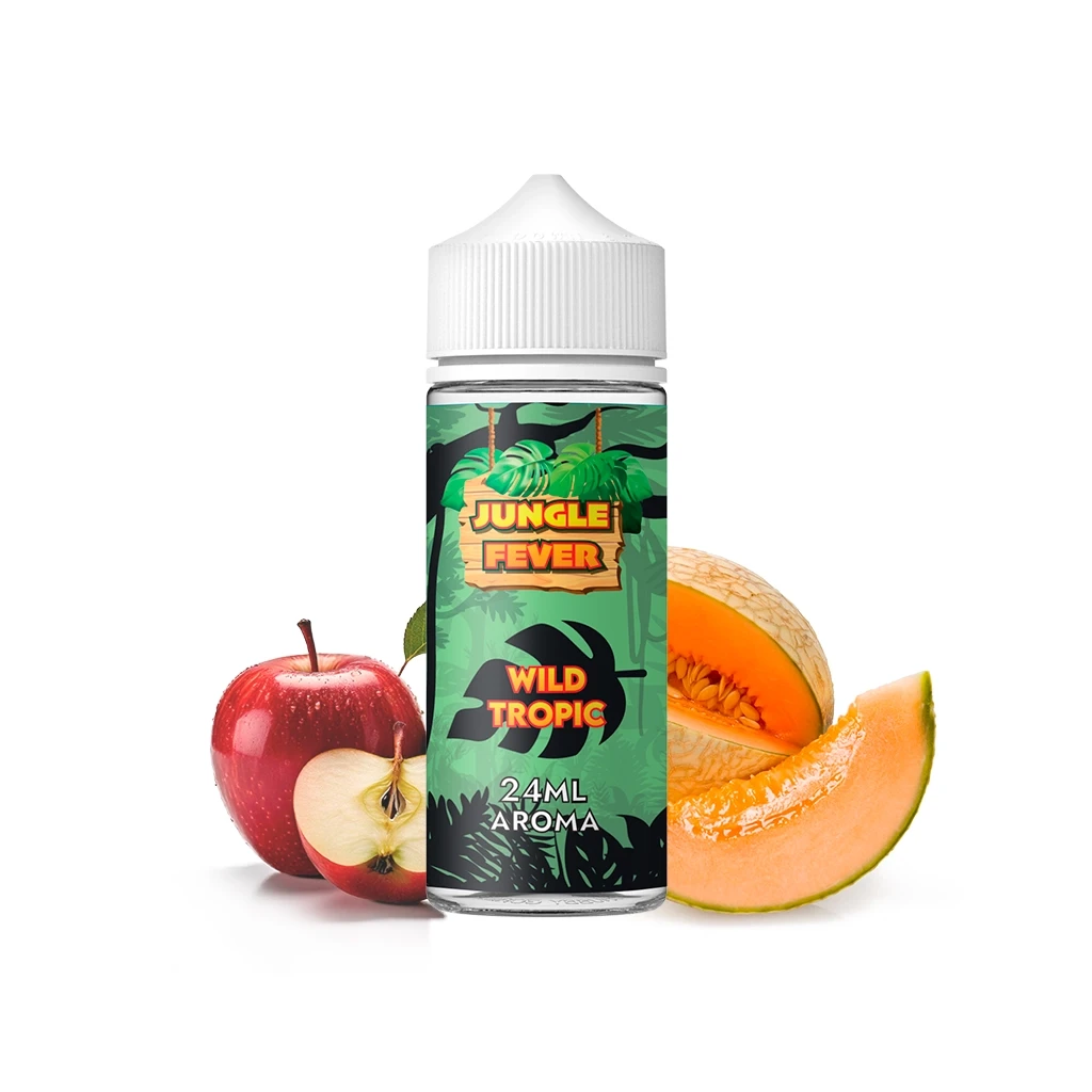 Botella Jungle Fever Wild Tropic con tapón blanco y etiqueta verde de 24 ml Aroma, acompañada de una manzana y melón cortados.