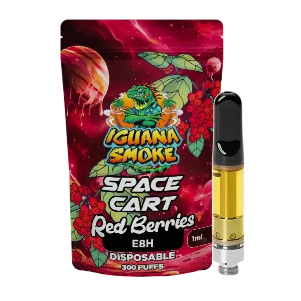 Cartucho E8H Space Red Berries de Iguana Smoke con líquido amarillo y boquilla negra, junto a su envase rojo con frutos y motivos espaciales.