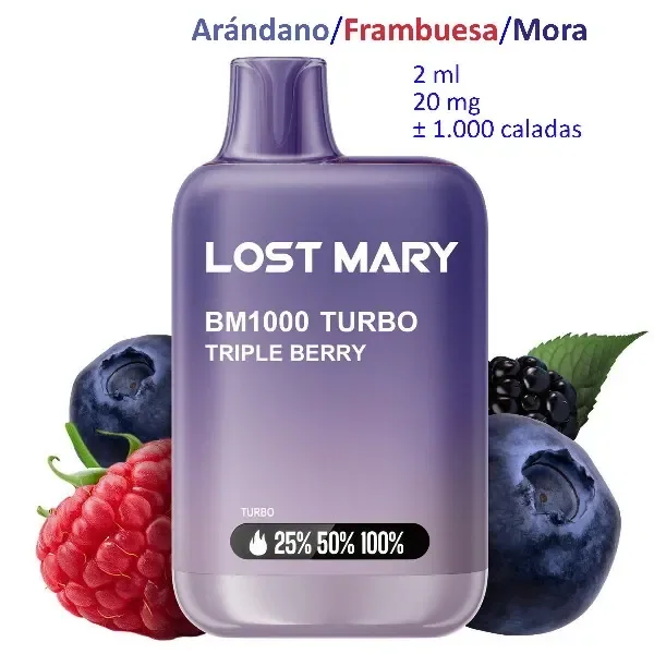 Vaper morado Lost Mary BM1000 Turbo Triple Berry rodeado de frutos rojos, con textos de 2 ml, 20 mg y unas 1.000 caladas.