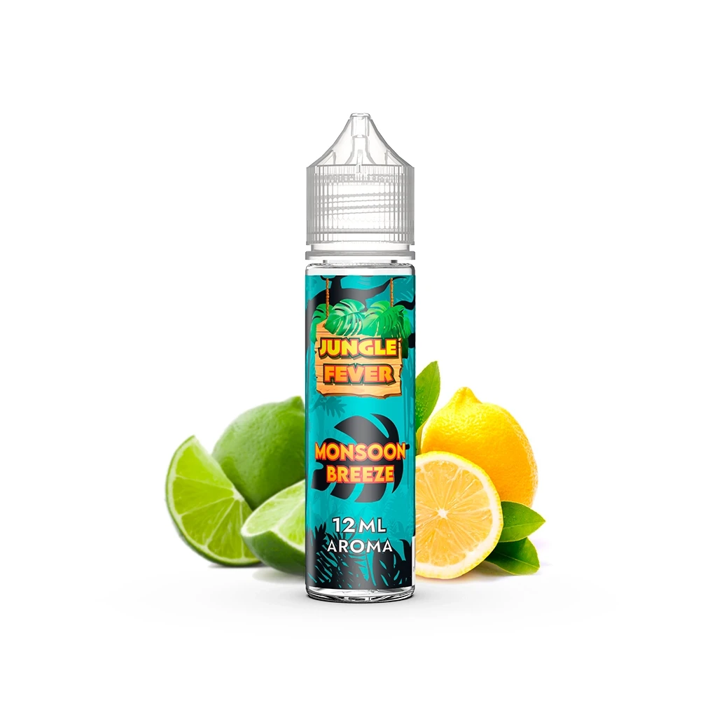 Botella Jungle Fever Monsoon Breeze con etiqueta turquesa de 12 ml y tapón transparente, delante de limas y limones enteros y cortados.