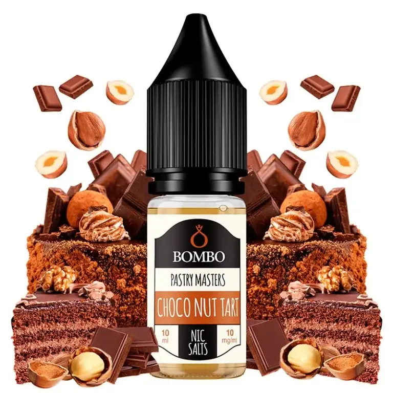 Frasco Choco Nut Tart de Bombo con etiqueta de 10 ml y 10 mg/ml de sales de nicotina, rodeado de tartas, chocolate y avellanas.
