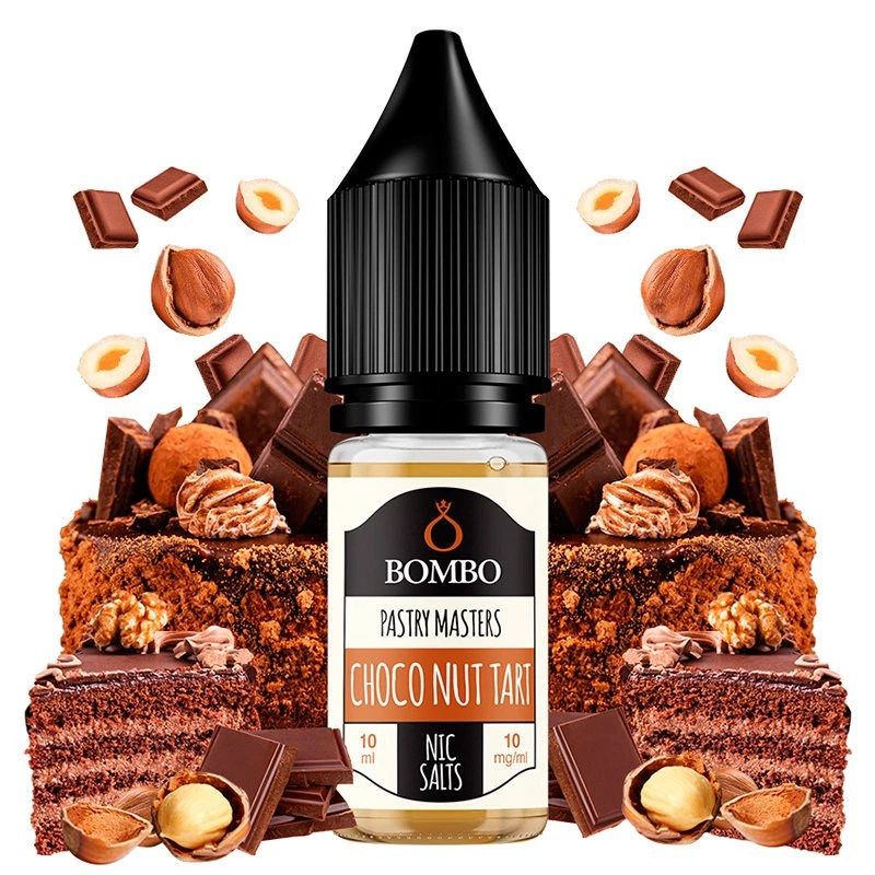 Frasco Choco Nut Tart de Bombo con etiqueta de 10 ml y 10 mg/ml de sales de nicotina, rodeado de tartas, chocolate y avellanas.