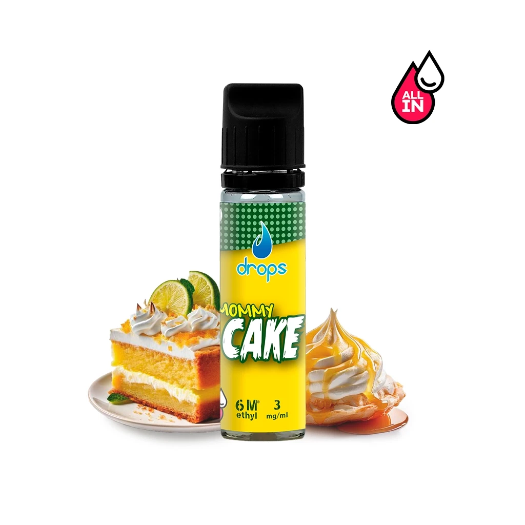 Frasco Mommy Cake de Drops con etiqueta amarilla y verde de 3 mg/ml, junto a una porción de tarta con cítricos y merengue.