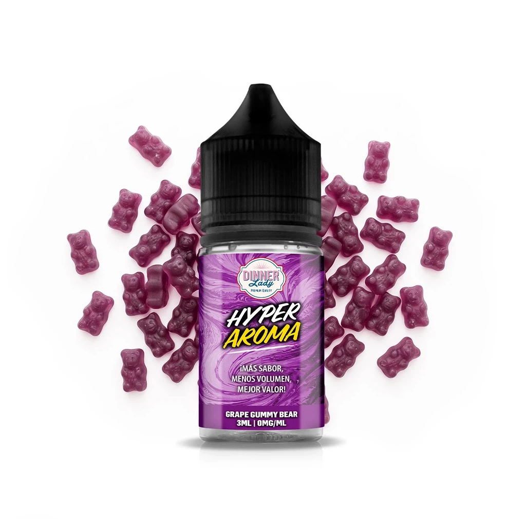 Frasco de Dinner Lady Hyper Grape Gummy Bear Longfill con tapón negro y etiqueta morada, rodeado de gominolas con forma de oso.