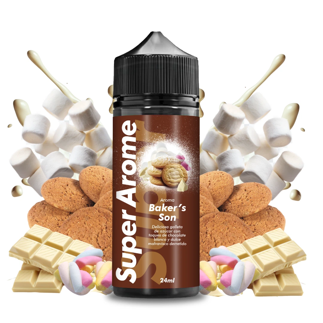 Bote de aroma Baker’s Son de Super Arome, con etiqueta de 24 ml y tapón negro, rodeado de galletas, chocolate blanco y nubes de azúcar.