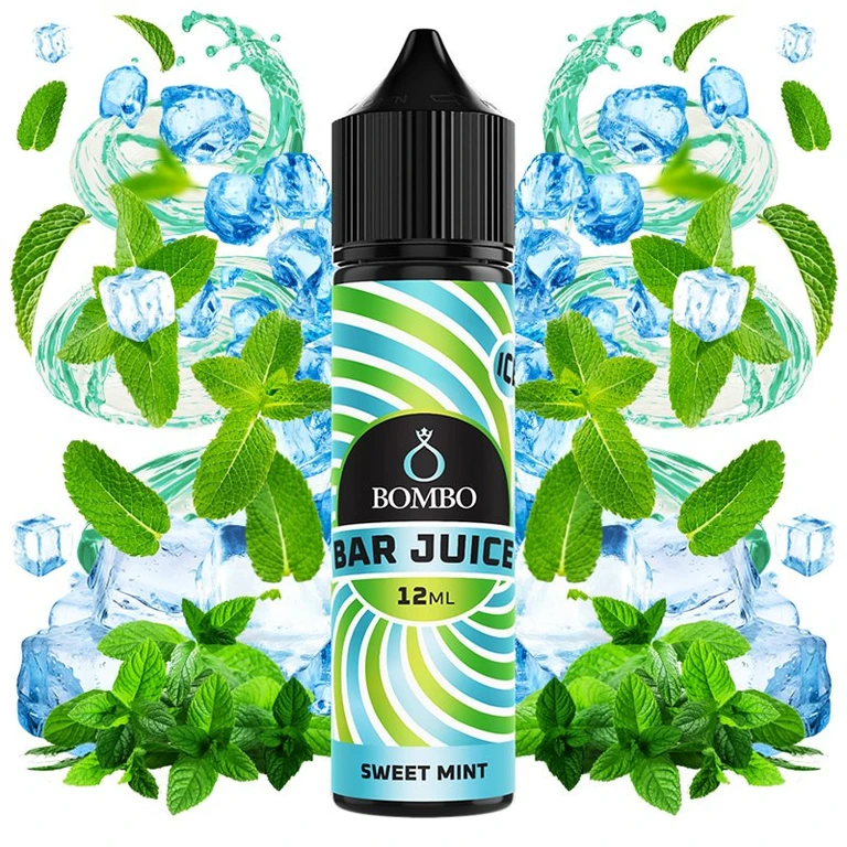 Frasco de aroma Sweet Mint de Bombo Bar Juice, con etiqueta verde y azul de 12 ml, rodeado de hojas de menta y cubitos de hielo.