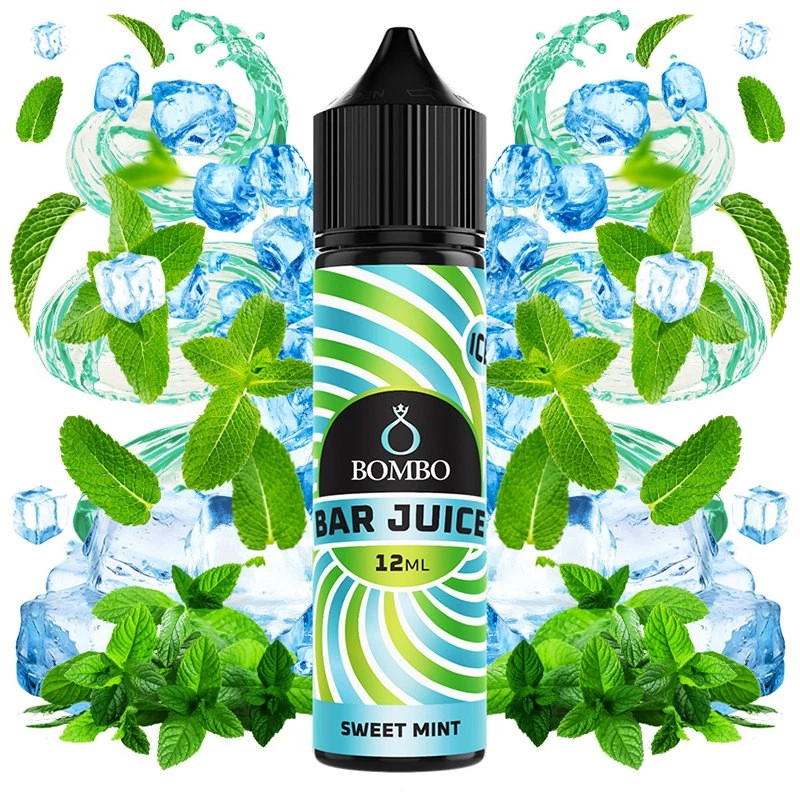 Frasco de aroma Sweet Mint de Bombo Bar Juice, con etiqueta verde y azul de 12 ml, rodeado de hojas de menta y cubitos de hielo.