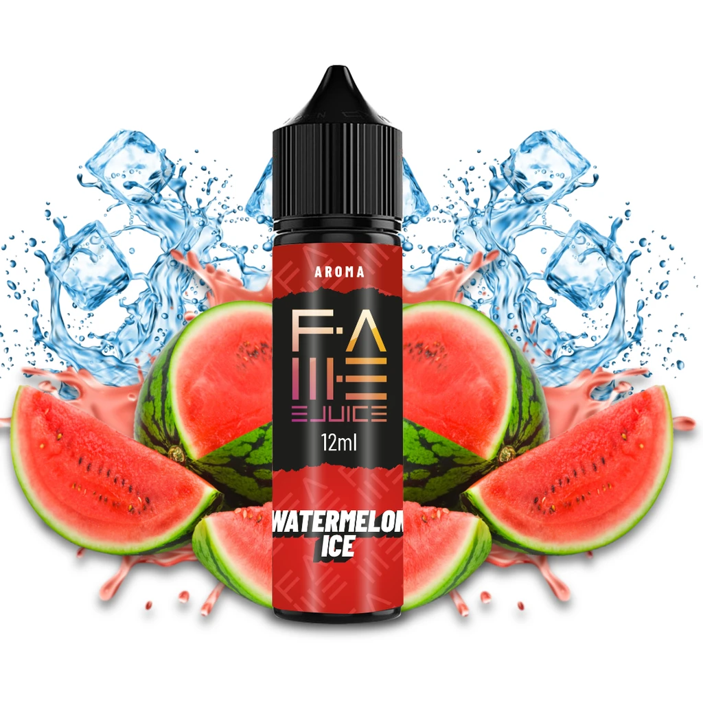 Frasco de aroma Watermelon Ice de Fame Ejuice de 12 ml, con tapón negro, rodeado de sandía cortada, hielo y salpicaduras.