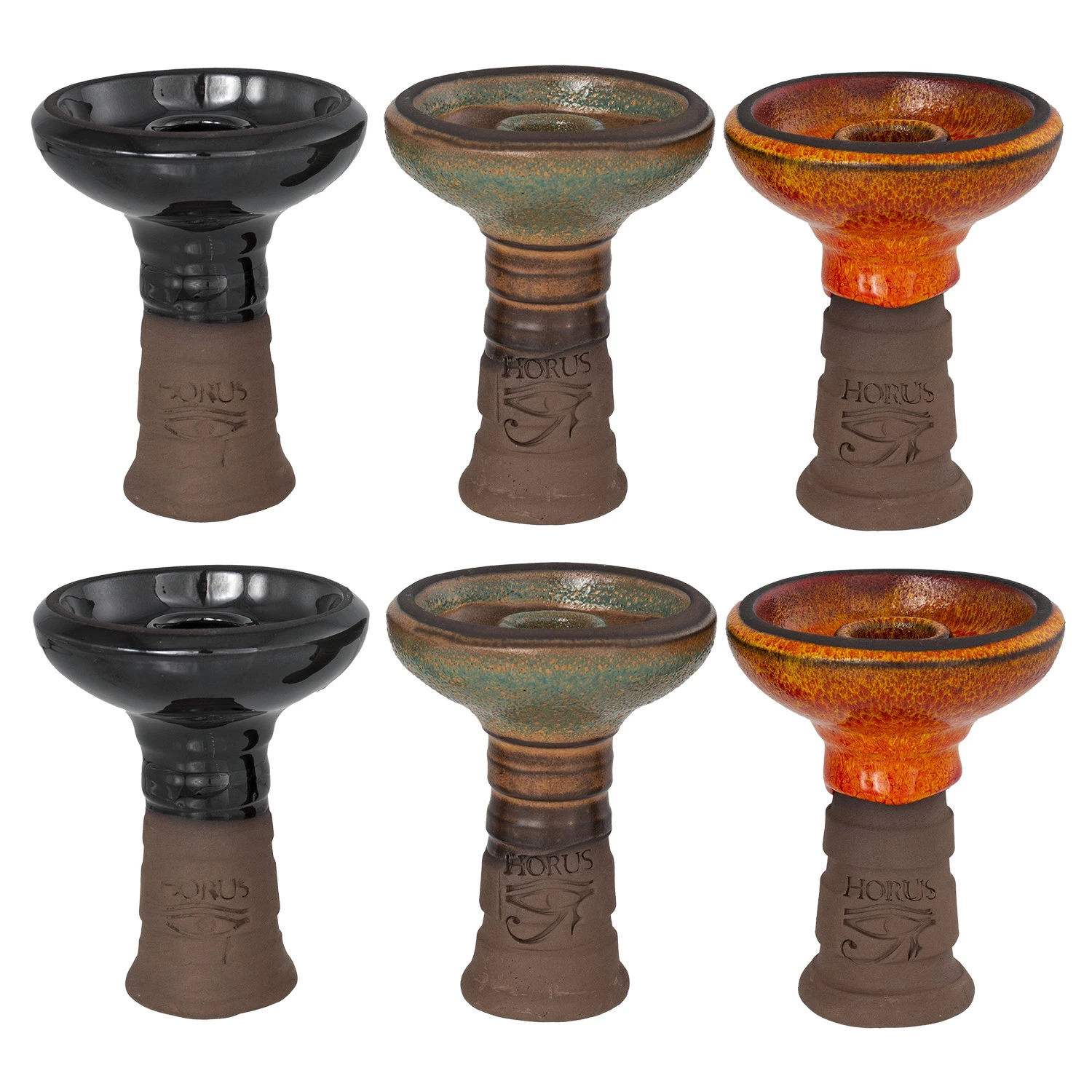 Selección de cazoletas con base marrón y grabado HORUS, en acabados negro brillante, verde moteado y naranja, sobre fondo blanco. Selección de cazoletas con base marrón y grabado HORUS, en acabados negro brillante, verde moteado y naranja, sobre fondo blanco.