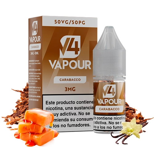 Caja y frasco V4 Vapour Carabacco de 3 mg, rodeados de hojas de tabaco, caramelos y una flor con vainas de vainilla.