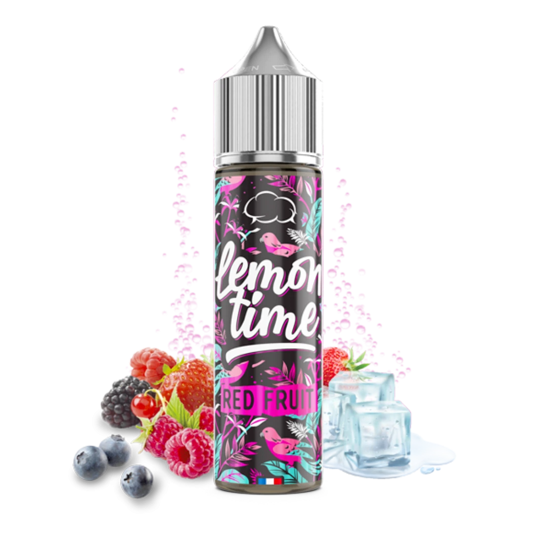 Frasco Lemon Time Red Fruit con tapón plateado y etiqueta floral, rodeado de frutos rojos y cubitos de hielo sobre fondo negro.
