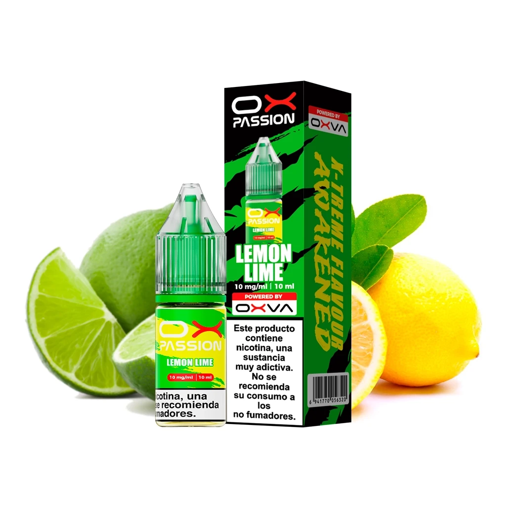 Frasco y caja de Oxva Ox Passion Lemon Lime, con etiqueta de 10 mg/ml y 10 ml, rodeados de limones y limas.