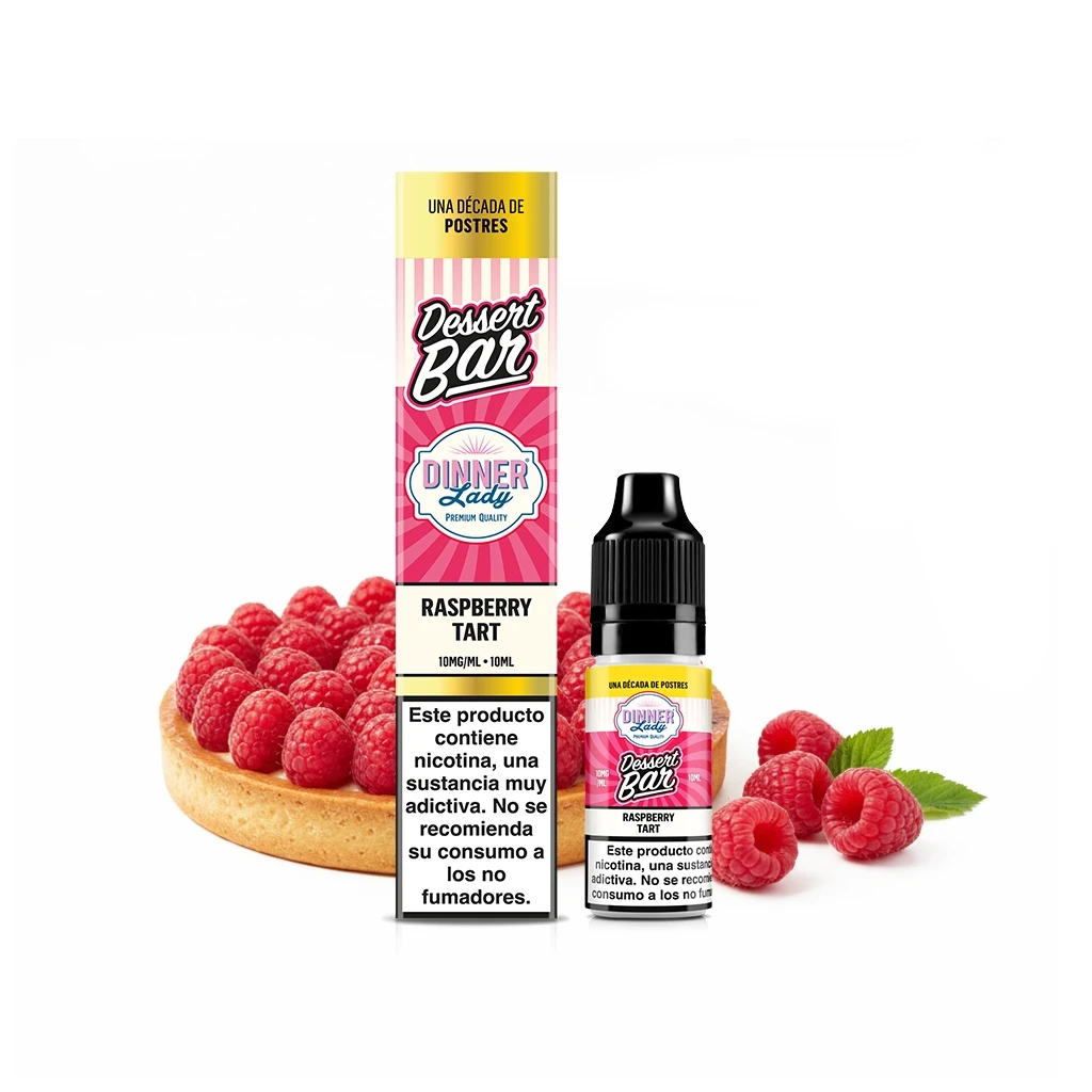 Frasco y caja rosa de Dinner Lady Raspberry Tart de 10 ml, junto a una tarta de frambuesas, con advertencia sobre nicotina.