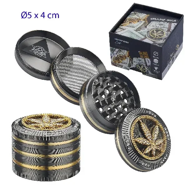 Grinder CHAMP-HIGH leaf de 5 cm de diámetro, negro y dorado, mostrado cerrado y desmontado, con dientes, malla y hoja decorativa.
