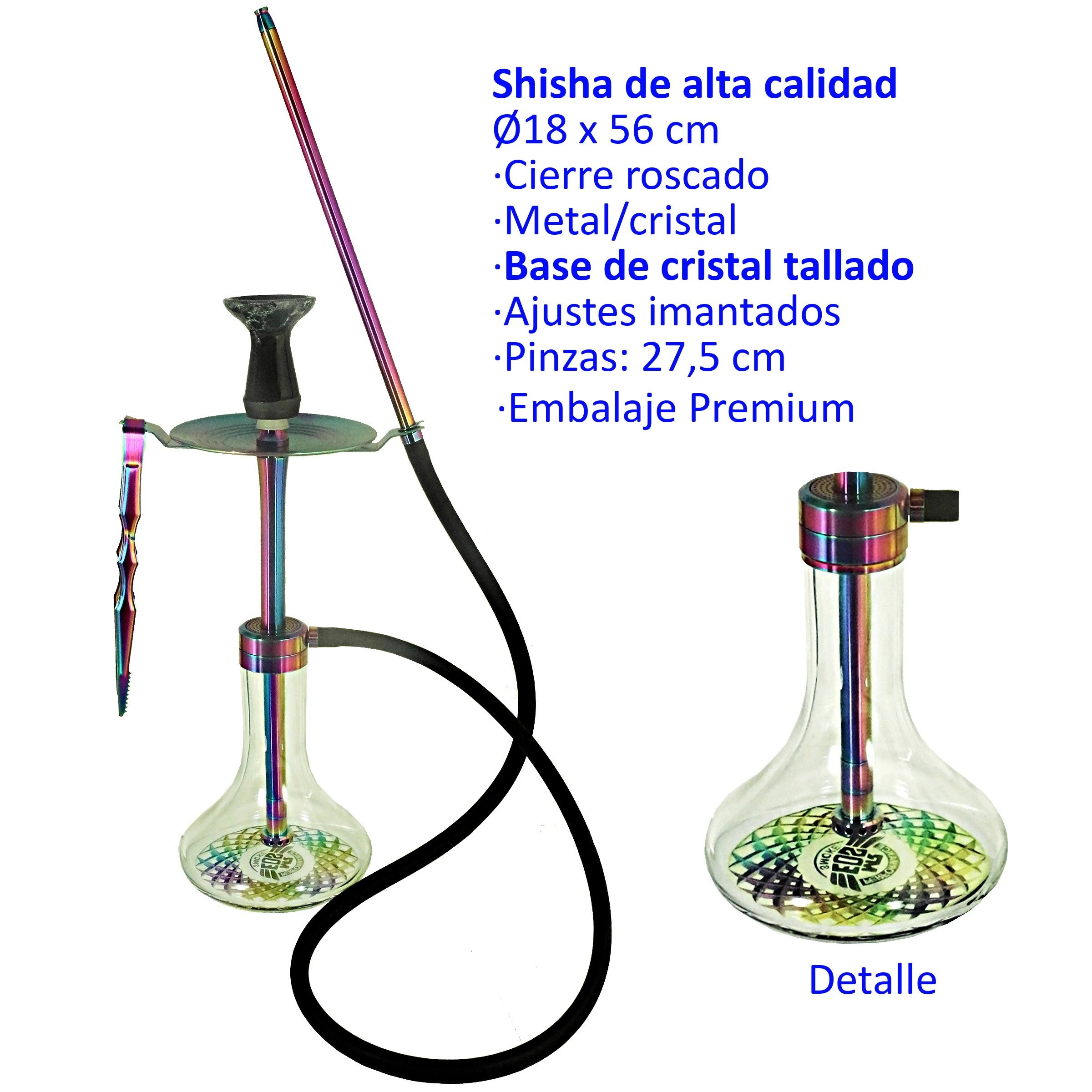 Shisha de acabado arcoíris con base transparente tallada, manguera negra y boquilla alargada, junto a un detalle de la base.
