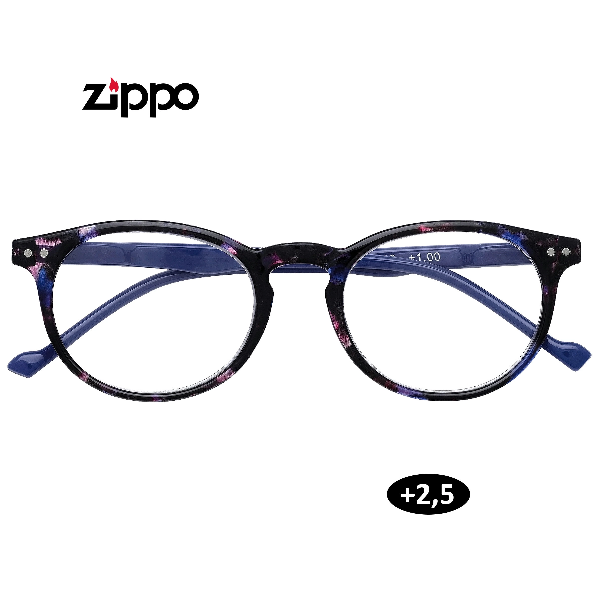 Gafas Zippo de montura redondeada oscura con manchas rosas y azules y distintivo +2,5; en la patilla se lee +1.00.