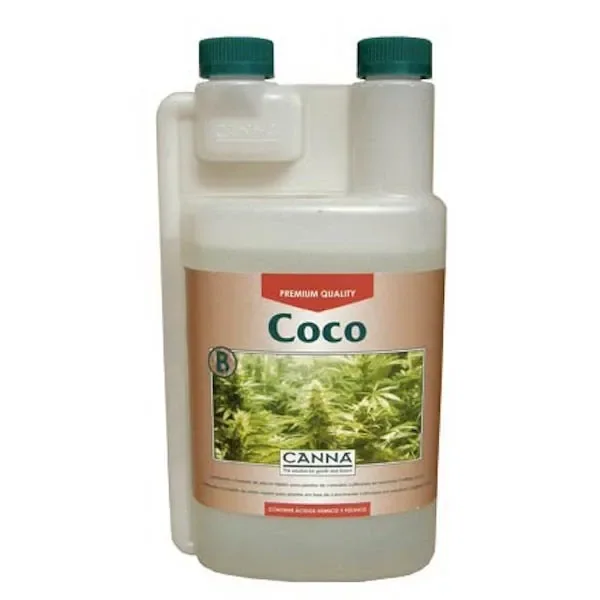 Envase de CANNA Coco B con tapones verdes y dosificador integrado; etiqueta beige con el texto Coco y una fotografía de plantas.