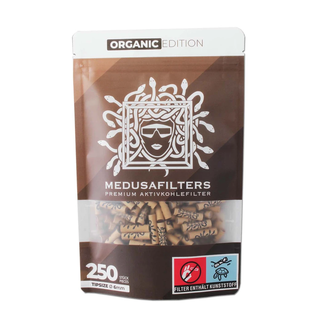 Bolsa marrón Medusa Organic Edition con ventana que muestra los filtros, logotipo blanco de Medusa y etiqueta de 250 unidades.