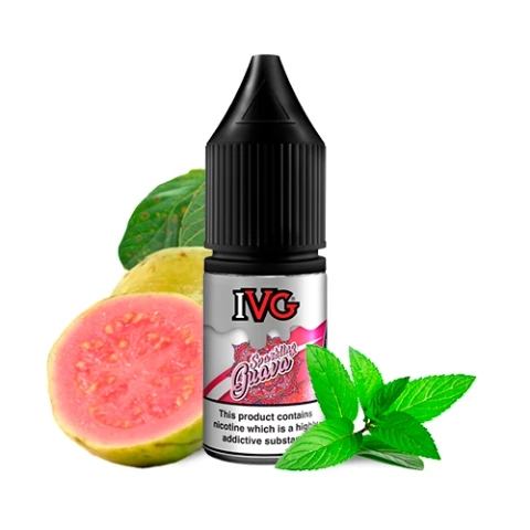 Frasco IVG Sparkling Guava con tapón negro y etiqueta rosa, acompañado de una guayaba cortada y hojas verdes sobre fondo blanco.