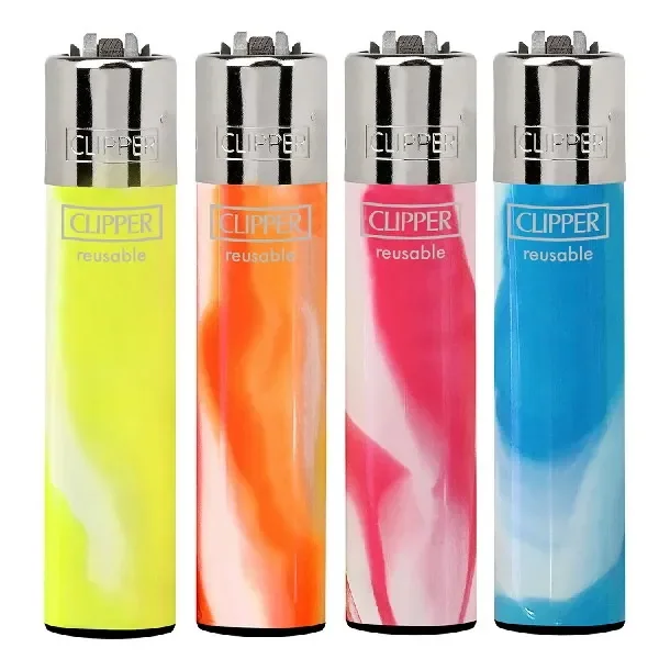 Selección de encendedores Clipper FLUO NEBULA con diseños ondulados en amarillo, naranja, rosa y azul y cabezales plateados.