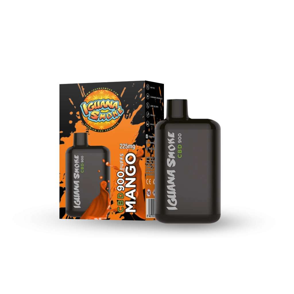Vaper negro Iguana Smoke CBD junto a su caja naranja y negra, con la inscripción Mango, sobre fondo negro.