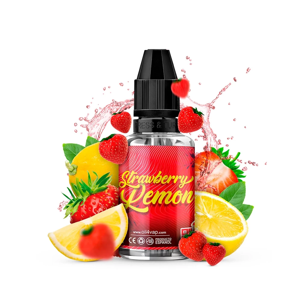 Frasco Oil4vap Strawberry Lemon con tapón negro y etiqueta roja, rodeado de fresas, limones cortados y salpicaduras rosadas.