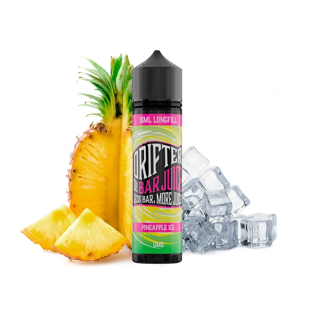 Botella Drifter Bar Pineapple Ice Longfill 16 ml con tapón negro y etiqueta verde y rosa, junto a piña cortada y cubitos de hielo.
