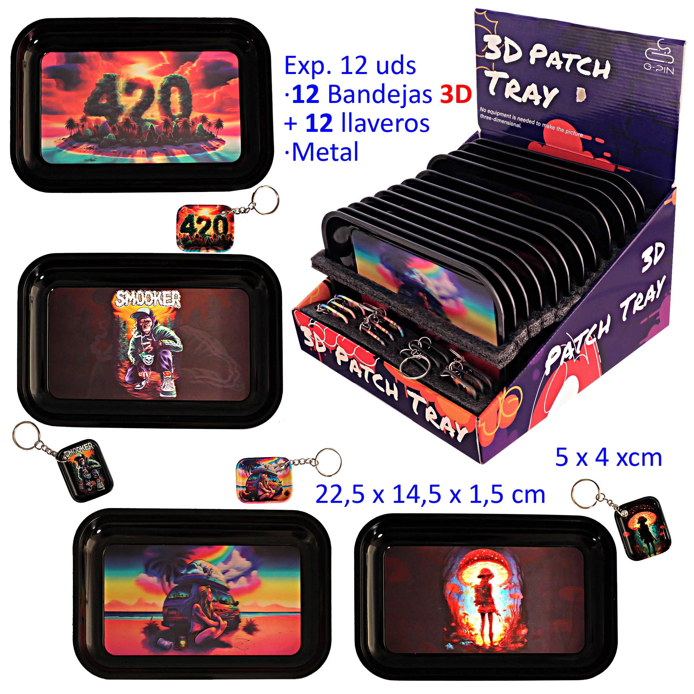 Expositor de bandejas 3D negras y llaveros a juego, junto a ejemplos con diseños de 420, un personaje y escenas de colores intensos.