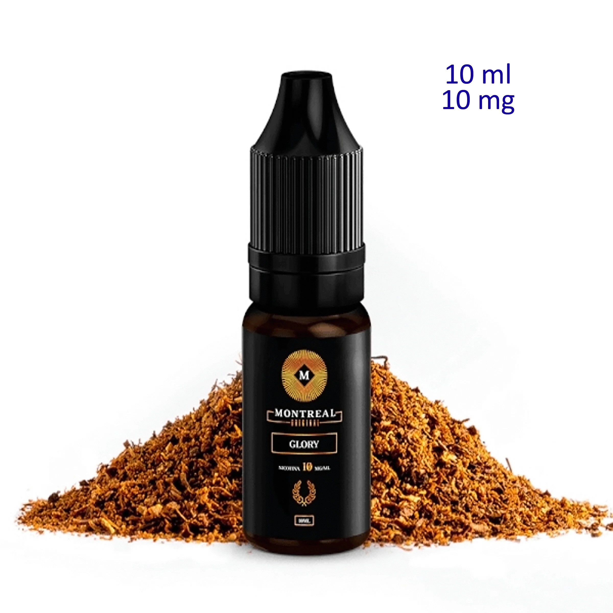 Frasco Montreal Original Glory con tapón negro ante un montón de tabaco picado; en la esquina se lee «10 ml» y «10 mg».