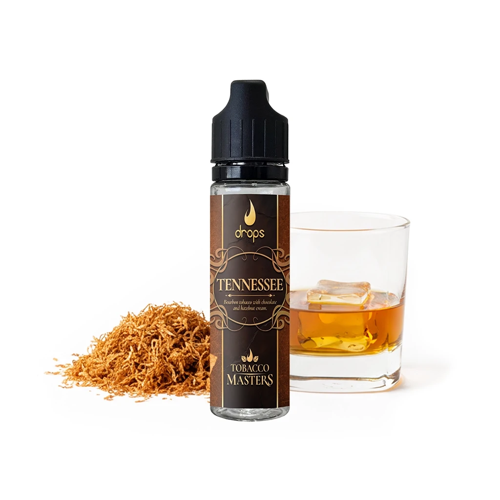 Frasco Drops Tobacco Masters Tennessee con tapón negro, junto a un montón de tabaco y un vaso con líquido ámbar y cubitos de hielo.