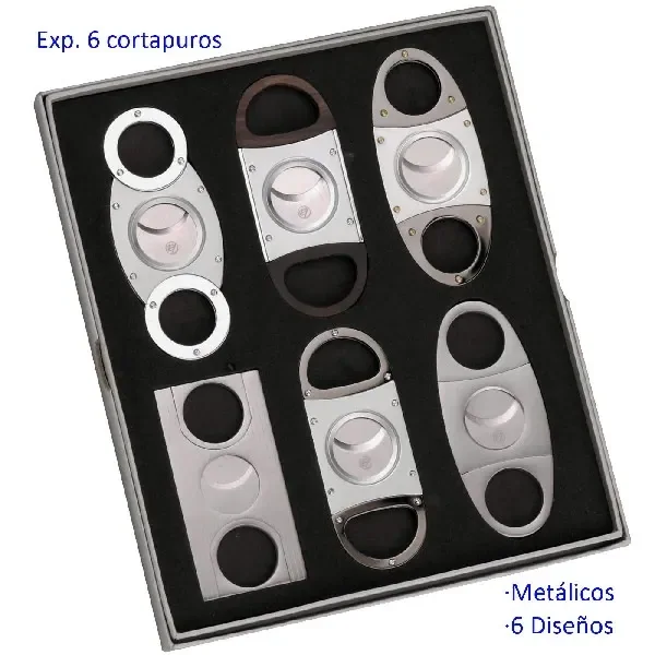 Selección de cortapuros de distintos diseños, con acabado plateado y algunos extremos oscuros, dispuestos en un estuche negro.