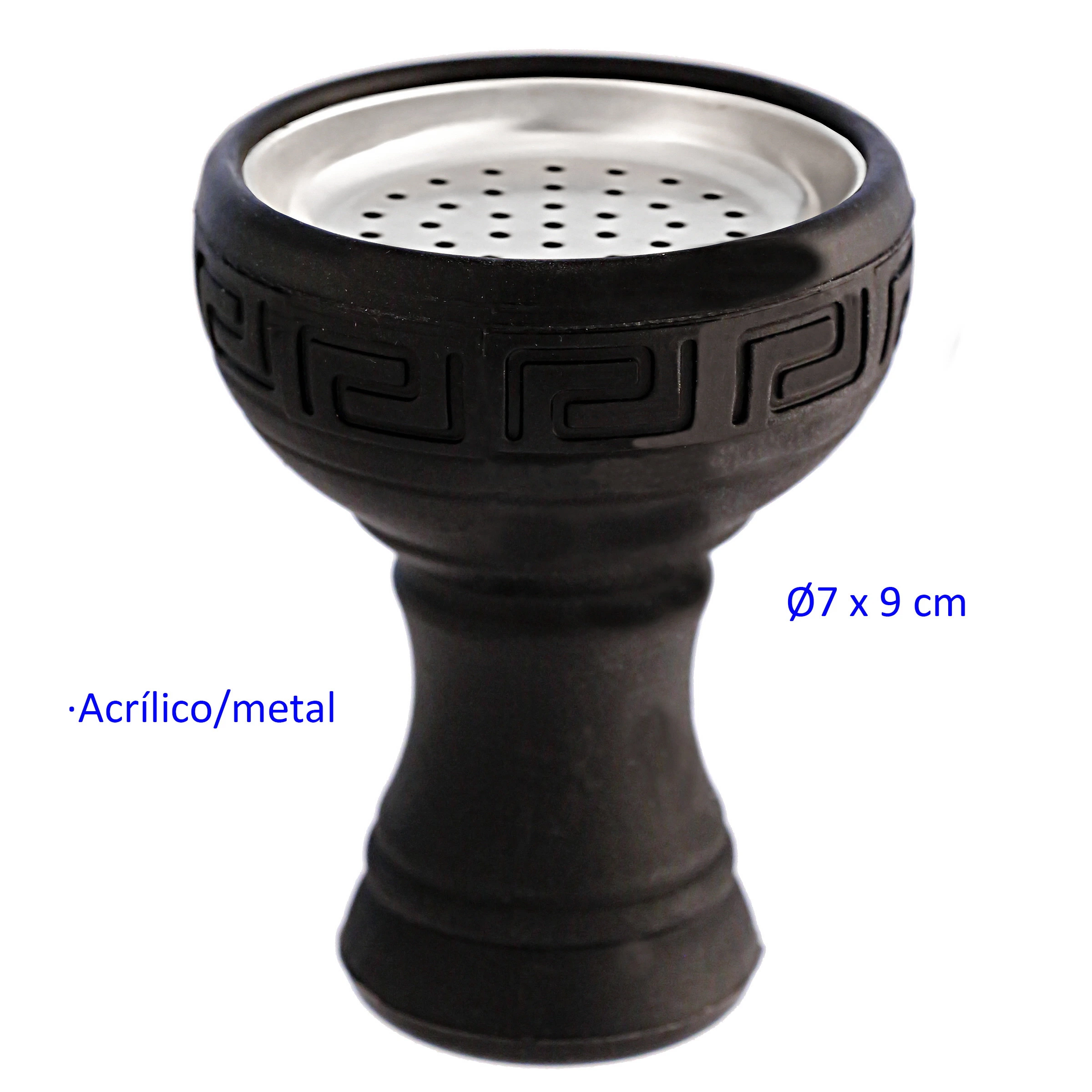 Cazoleta negra para cachimba con borde decorado con grecas, pie estrecho y recipiente superior plateado con perforaciones. Cazoleta negra para cachimba con borde decorado con grecas, pie estrecho y recipiente superior plateado con perforaciones.