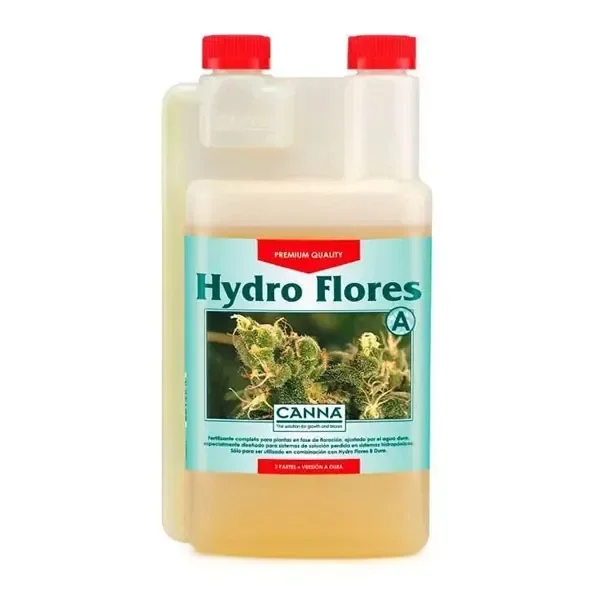 Envase de Hydro Flores Dura A de CANNA con líquido amarillento, dos tapones rojos y etiqueta turquesa con una fotografía de flores.