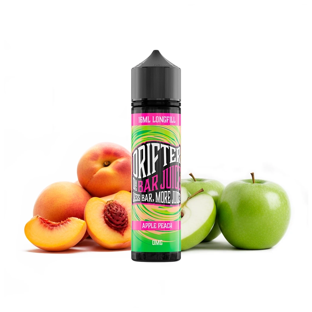 Botella Drifter Bar Apple Peach Ice Longfill con tapón negro y etiqueta verde y rosa, rodeada de manzanas verdes y melocotones cortados.