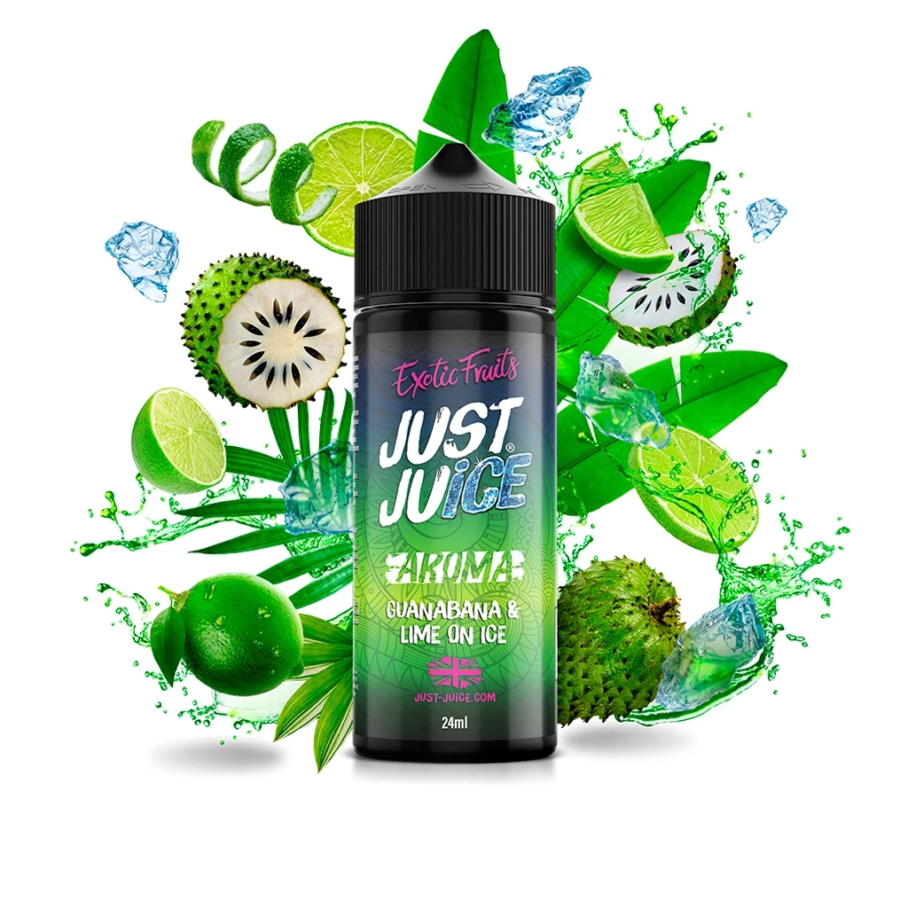 Botella Just Juice Exotic Fruits Guanábana & Lime On Ice de 24 ml, rodeada de limas, guanábanas, hojas, hielo y salpicaduras verdes.