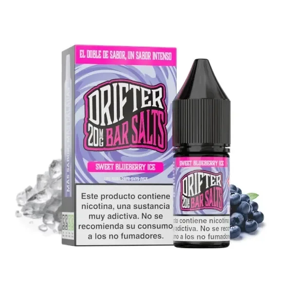Frasco de Drifter Bar Salts Sweet Blueberry Ice con tapón negro junto a su caja violeta y rosa, arándanos y cubitos de hielo.