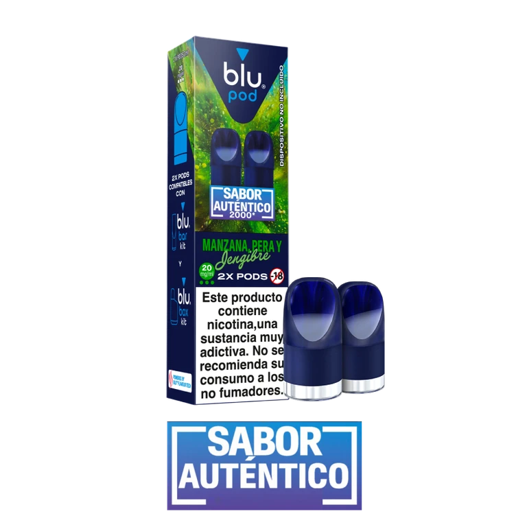 Caja de Blu Pod Manzana, Pera y Jengibre de 20 mg/ml junto a pods azules, con advertencia de nicotina sobre fondo negro.