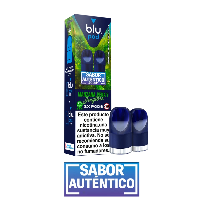 Caja de Blu Pod Manzana, Pera y Jengibre de 20 mg/ml junto a pods azules, con advertencia de nicotina sobre fondo negro.