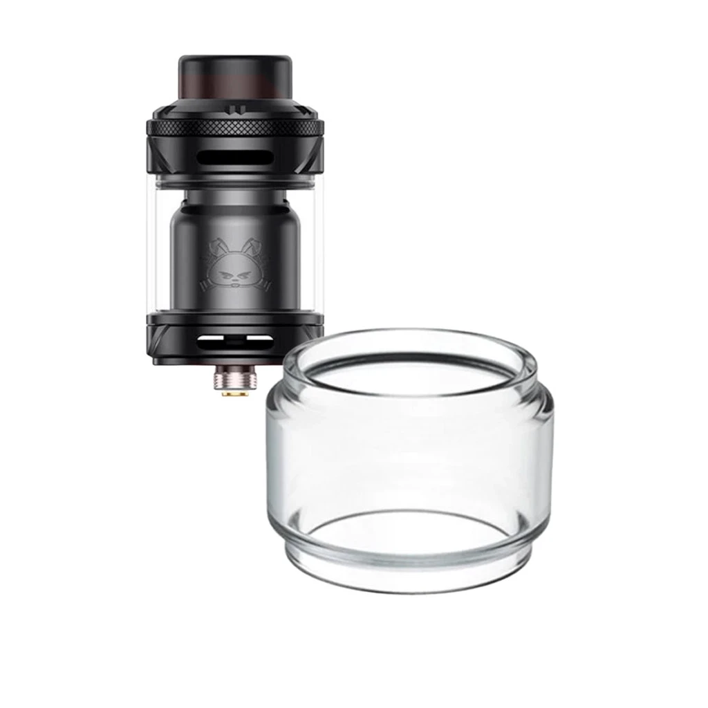 Depósito de recambio transparente y abombado para Hellvape Fat Rabbit 2 RTA, con un atomizador negro detrás.