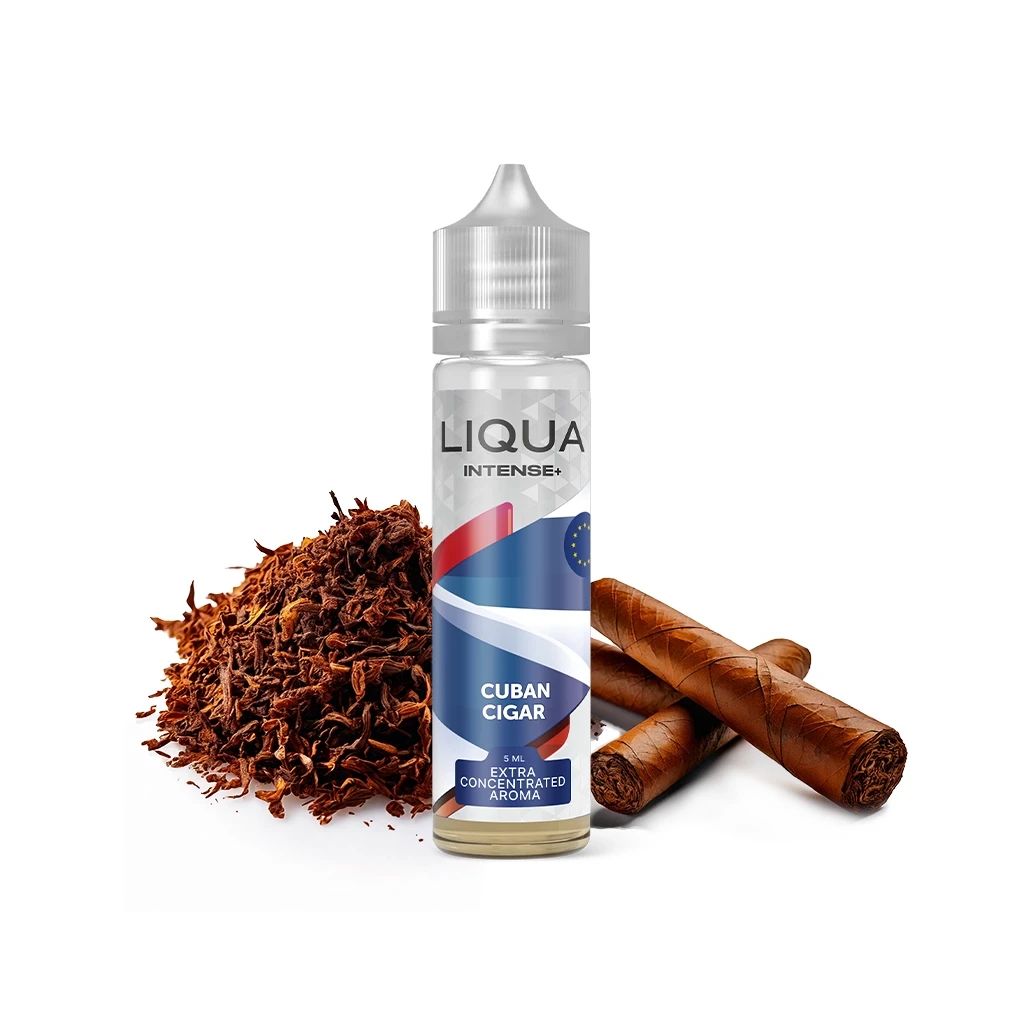 Frasco de Liqua Cuban Cigar con tapón plateado y etiqueta azul, roja y blanca, junto a tabaco picado y puros.